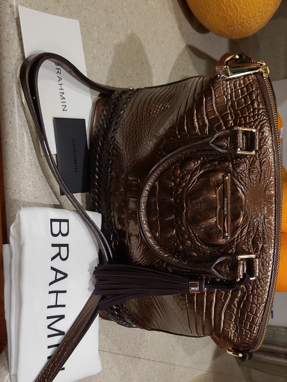 Brahmin Dark Brown Croc-Embossed Shoulder Bag with Tassel